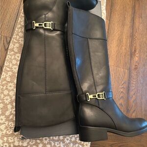 Tommy Hilfiger Black Leather Tall Riding Boots with Gold Hardware - IONNI